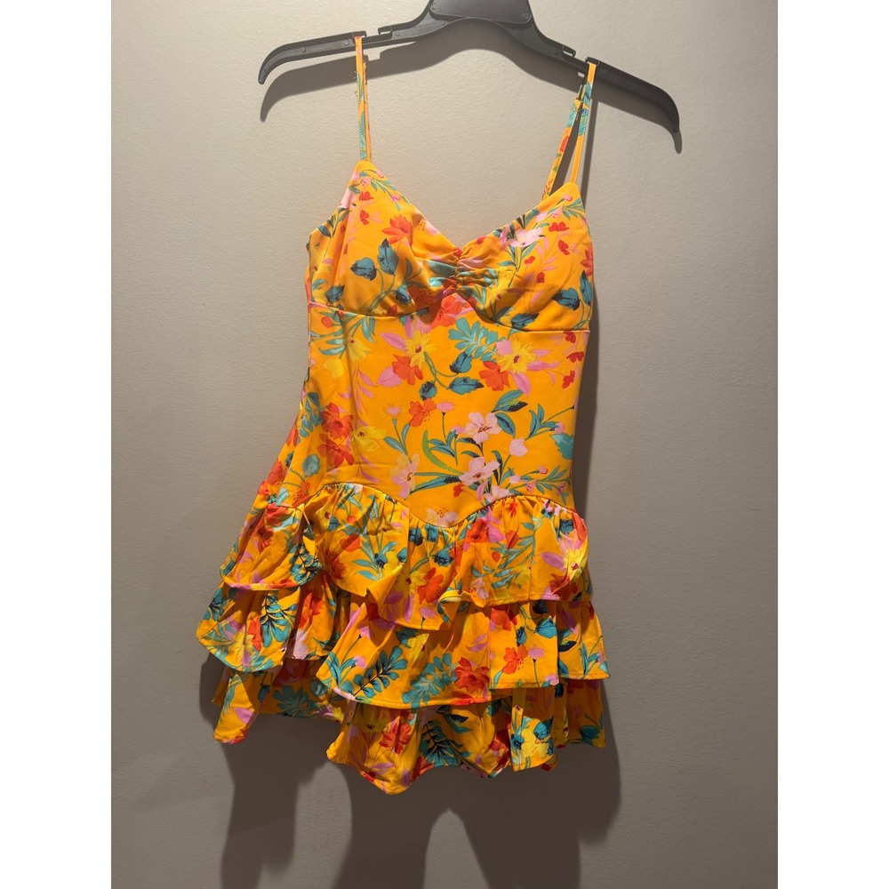 Emerald Sundae Yellow Floral Ruffle Tiered Mini Dress Womens Medium Sweetheart